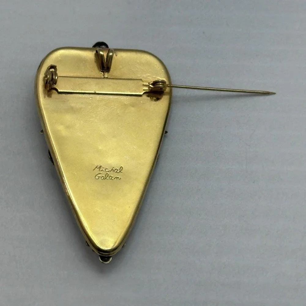 Michal Golan Stamp Brooch Pendant‎ Gold Tone Multi Stone Statement Vintage Style